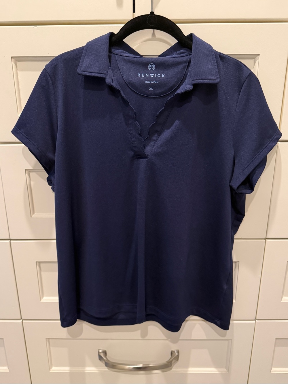 Renwick Navy Scalloped V-Neck Polo Tee Golf Preppy Top Size XL